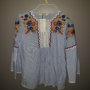 NWT Zara Size Large Boho Embroidered Peasant Top